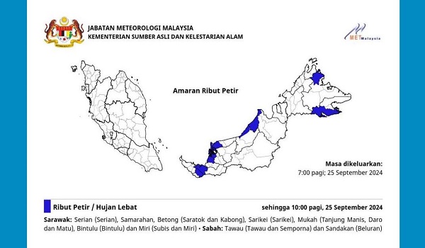 Amaran ribut petir, hujan lebat, angin kencang di Sabah, Sarawak