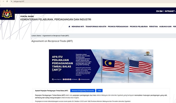 MITI terbit Soalan Lazim mengenai Perjanjian Perdagangan Timbal Balas Malaysia-AS