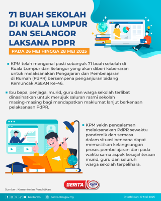 71 BUAH SEKOLAH DI KUALA LUMPUR DAN SELANGOR LAKSANA PDPR PADA 26 MEI HINGGA 28 MEI 2025 