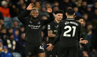 Manchester City's Ghanaian midfielder #42 Antoine Semenyo (L) celebrates with Manchester City's Algerian defender #21 Rayan Ait-Nouri (R) after scoring the opening goal of the English Premier League football match between Leeds United and Manchester City at Elland Road in Leeds, northern England on February 28, 2026. (Photo by Oli SCARFF / AFP) / RESTRICTED TO EDITORIAL USE. NO USE WITH UNAUTHORIZED AUDIO, VIDEO, DATA, FIXTURE LISTS, CLUB/LEAGUE LOGOS OR 'LIVE' SERVICES. ONLINE IN-MATCH USE LIMITED TO 120 IMAGES. AN ADDITIONAL 40 IMAGES MAY BE USED IN EXTRA TIME. NO VIDEO EMULATION. SOCIAL MEDIA IN-MATCH USE LIMITED TO 120 IMAGES. AN ADDITIONAL 40 IMAGES MAY BE USED IN EXTRA TIME. NO USE IN BETTING PUBLICATIONS, GAMES OR SINGLE CLUB/LEAGUE/PLAYER PUBLICATIONS. /
