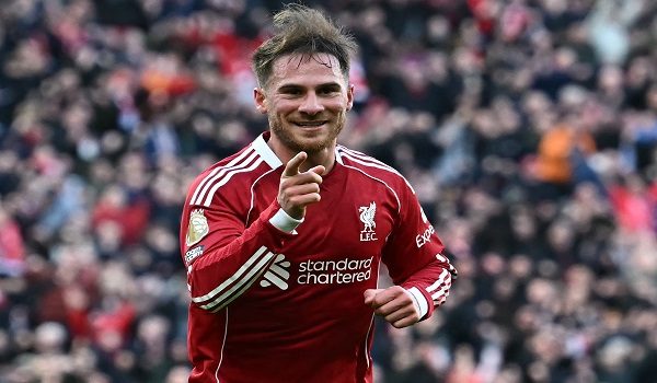 Liverpool's Argentinian midfielder #10 Alexis Mac Allister celebrates after scoring their third goal during the English Premier League football match between Liverpool and West Ham United at Anfield in Liverpool, north west England on February 28, 2026. (Photo by Paul ELLIS / AFP) / RESTRICTED TO EDITORIAL USE. NO USE WITH UNAUTHORIZED AUDIO, VIDEO, DATA, FIXTURE LISTS, CLUB/LEAGUE LOGOS OR 'LIVE' SERVICES. ONLINE IN-MATCH USE LIMITED TO 120 IMAGES. AN ADDITIONAL 40 IMAGES MAY BE USED IN EXTRA TIME. NO VIDEO EMULATION. SOCIAL MEDIA IN-MATCH USE LIMITED TO 120 IMAGES. AN ADDITIONAL 40 IMAGES MAY BE USED IN EXTRA TIME. NO USE IN BETTING PUBLICATIONS, GAMES OR SINGLE CLUB/LEAGUE/PLAYER PUBLICATIONS. /