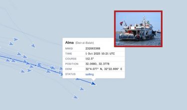 Kapal Alma (foto kecil) kini berada sekitar 200 kilometer dari Gaza — imej koordinat 32°4.077′ U, 32°22.666′ T menjadi bukti perjalanan terus digerakkan meskipun diancam tentera Israel/Laman web Flotilla Tracker (https://globalsumudflotilla.org/tracker/)