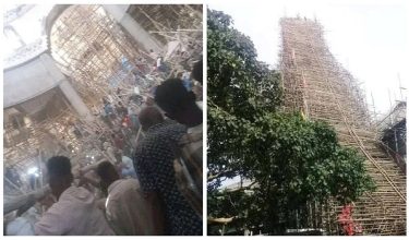 Gambar dikongsi di Facebook rasmi Ethiopian Broadcasting Corporation menunjukkan runtuhan perancah kayu dengan orang ramai berkumpul di tengah-tengah serpihan