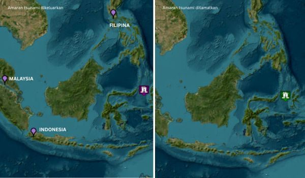 Peta memaparkan amaran tsunami dikeluarkan melibatkan pesisir Indonesia, Filipina dan Malaysia (kiri) sebelum ditarik balik (kanan) dua jam selepas gempa kuat/ PTWC