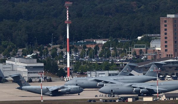 FILE PHOTO: Planes are seen at the US military airbase in Ramstein near Landstuhl, Germany, July 20, 2020.   REUTERS/Kai Pfaffenbach/File Photo