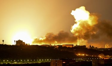 This photograph shows an explosion during drone and missile attacks in Kyiv on June 2, 2026, amid the Russian invasion in Ukraine. Russian missile and drone barrages rocked parts of Ukraine overnight, killing four and wounding dozens, officials said on June 2, the latest attacks in a war with no end in sight. (Photo by Eugene KOTENKO / AFP)