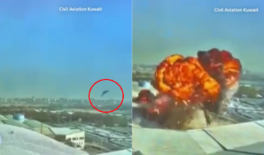 Tangkap layar rakaman pengawasan yang dikeluarkan oleh Pihak Berkuasa Penerbangan Awam Kuwait yang menunjukkan sebuah dron merempuh Lapangan Terbang Antarabangsa Kuwait pada Rabu/Reuters