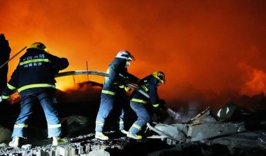 Firefighters work to distinguish a fire following a blast at a fireworks manufacturing factory in Liuyang, Hunan province, China, May 5, 2026. cnsphoto via REUTERS   ATTENTION EDITORS - THIS IMAGE WAS PROVIDED BY A THIRD PARTY. CHINA OUT.