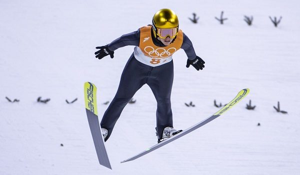 ZHANGJIAKOU, CHINA - FEBRUARY 07: Katharina Althaus of Germany in action competes during the ski jumping mixed relay during the Beijing 2022 Winter Olympics at National Ski Jumping Centre on February 7, 2022 in Zhangjiakou, China. (Photo by Tom Weller/VOIGT/DeFodi Images via Getty Images)