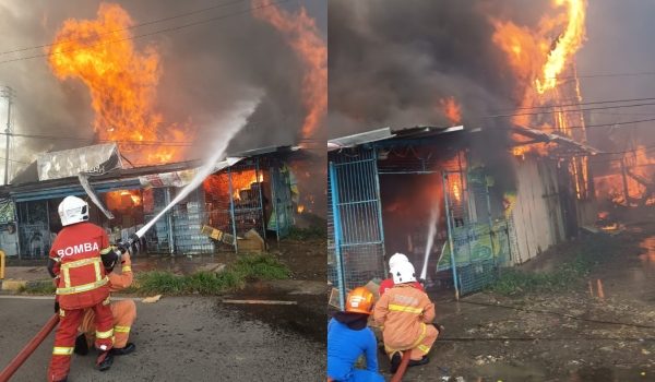Pasukan bomba sedang memadam bara api daripada terus merebak/Foto Bomba