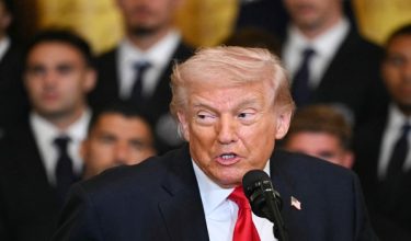 US President Donald Trump speaks during an event for Inter Miami CF, winners of the 2025 Major League Soccer Cup, in the East Room of the White House in Washington, DC, on March 5, 2026. (Photo by ANDREW CABALLERO-REYNOLDS / AFP)