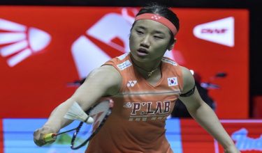 South Koreas An Se-young hits a return against Chinas Chen Yufei during their women's singles semi-final match at the Indonesia Open badminton tournament in Jakarta on June 6, 2026. (Photo by BAY ISMOYO / AFP)