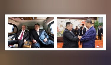 Antara klip video dokumentari yang disiarkan media Korea Utara, memaparkan pertemuan Pemimpin Tertingginya, Kim Jong Un dengan Presiden Rusia, Vladimir Putin dan Presiden China, Xi Jinping di Beijing/ (KCNA VIA KNS / AFP)