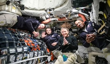 This screen grab from NASA's feed released on April 3, 2026, shows the four Artemis II crew members (L-R) Canadian Space Agency (CSA) astronaut Jeremy Hansen, Artemis II mission specialist, NASA astronauts Reid Wiseman, Artemis II commander, Christina Koch, Artemis II mission specialist and Victor Glover, Artemis II pilot as they head to orbit the Moon for the first time in more than half a century. The spacecraft lifted off from Kennedy Space Center in Florida at 18:35 EDT the previous day. (Photo by Handout / NASA TV / AFP) / RESTRICTED TO EDITORIAL USE - MANDATORY CREDIT "AFP PHOTO / NASA" - HANDOUT - NO MARKETING NO ADVERTISING CAMPAIGNS - DISTRIBUTED AS A SERVICE TO CLIENTS