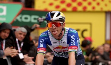 Team Bora's Belgian rider Remco Evenepoel crosses the finish line of the sixth stage of the 2026 'Volta a Catalunya' cycling tour of Catalonia, a 158 km race between Berga and the Sanctuary of La Mare de Deu de Queralt in Berga, on March 28, 2026. (Photo by Josep LAGO / AFP)