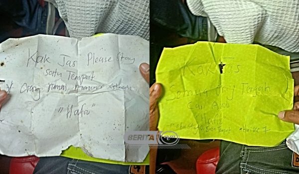 Dua keping nota yang ditinggalkan Hafiz dalam operasi mencari dan menyelamat Jaslinda/Foto Bomba Perak