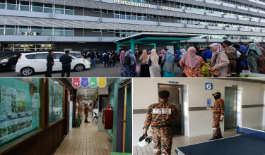 Anggota bomba Tawau sedang melakukan pemeriksaan  di bangunan Wisma Persekutuan Tawau  sementara kakitangan kerajaan berkumpul di bawah bangunan pagi tadi/Foto Bomba Tawau