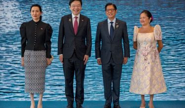 Singapore Prime Minister Lawrence Wong (2nd-L) and his wife Loo Tze Lui pose for a photo with Philippine President Ferdinand Marcos Jr. and his wife Liza Araneta Marcos during a welcome ceremony for the 48th Association of Southeast Asian Nations (ASEAN) summit in Cebu, central Philippines on May 8, 2026. (Photo by Ezra Acayan / POOL / AFP)