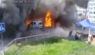 An explosion at the site of a Russian drone strike, amid Russia's attack on Ukraine, in Zaporizhzhia, Ukraine, June 8, 2026, in this screengrab taken from a CCTV video. SOCIAL MEDIA/via REUTERS  THIS IMAGE HAS BEEN SUPPLIED BY A THIRD PARTY. NO RESALES. NO ARCHIVES. OVERLAY FROM SOURCE. VERIFICATION: Reuters verified the location of the video from buildings, street signs and road layout that matched archive and satellite imagery. The footage also matches videos from Reuter’s on-site reporting. The date of the video was verified from the CCTV screen date and no older versions of the video were found online before June 8.
