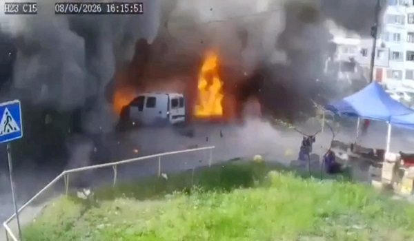An explosion at the site of a Russian drone strike, amid Russia's attack on Ukraine, in Zaporizhzhia, Ukraine, June 8, 2026, in this screengrab taken from a CCTV video. SOCIAL MEDIA/via REUTERS  THIS IMAGE HAS BEEN SUPPLIED BY A THIRD PARTY. NO RESALES. NO ARCHIVES. OVERLAY FROM SOURCE. VERIFICATION: Reuters verified the location of the video from buildings, street signs and road layout that matched archive and satellite imagery. The footage also matches videos from Reuter’s on-site reporting. The date of the video was verified from the CCTV screen date and no older versions of the video were found online before June 8.