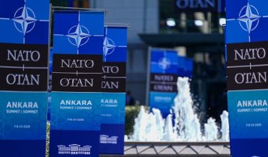 ANKARA, TURKIYE - JULY 8: A view of the pennants bearing the NATO emblem as local and international journalists continue their work at the International Media Center, which was established at the Presidential Nation's Library with all necessary technical equipment to serve thousands of media personnel during the 36th NATO Heads of State and Government Summit held in Ankara, Turkiye, on July 8, 2026. Omer Taha Cetin / AnadoluNo Use USA No use UK No use Canada No use France No use Japan No use Italy No use Australia No use Spain No use Belgium No use Korea No use South Africa No use Hong Kong No use New Zealand No use Turkey