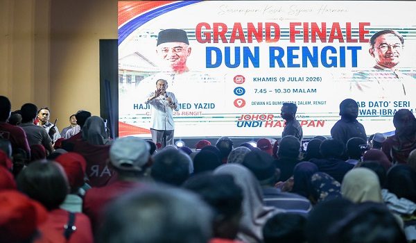 BATU PAHAT, 9 Julai -- Perdana Menteri Datuk Seri Anwar Ibrahim berucap pada Grand Finale DUN Rengit sempena kempen Pilihan Raya Negeri (PRN) Johor ke-16 di sini hari ini.

--fotoBERNAMA (2026) HAK CIPTA TERPELIHARA