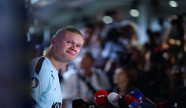 Norway's forward #09 Erling Braut Haaland gives a press conference at the Inter Miami CF Training Facility in Fort Lauderdale on July 9, 2026, during the 2026 World Cup football tournament. (Photo by PATRICIA DE MELO MOREIRA / AFP)