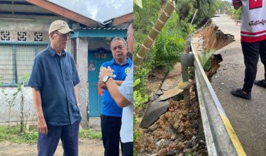 Ahli Parlimen Serian, Datuk Sri Richard Riot Jaem ketika meninjau lokasi kejadian, manakala gambar kanan menunjukkan kesan tanah runtuh di Kampung Krusen Kranji, Tebekang.