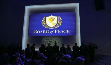 (FILES) This photograph shows the logo of the "Board of Peace" during the World Economic Forum (WEF) annual meeting in Davos on January 22, 2026. The presidents of Argentina and Romania said on February 8 that they have been invited to attend the inaugural meeting of US President Donald Trump's controversial "Board of Peace" in Washington on February 19. (Photo by Mandel NGAN / AFP)