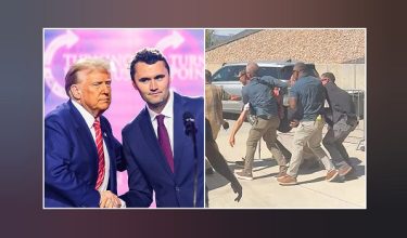 (Foto kiri) Aktivis kanan Amerika Syarikat, Charlie Kirk (kanan) bersama Presiden Donald Trump ketika acara America Fest 2024 di Phoenix, Arizona pada 22 Disember 2024. (Foto kiri) Rakaman video oleh Jeremy King menunjukkan pasukan keselamatan mengusung Kirk selepas beliau ditembak ketika acara umum di Universiti Utah Valley, Orem, Utah pada 10 September 2025/AFP