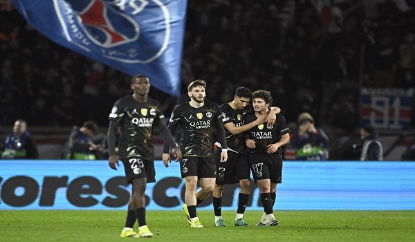 9From L) Paris Saint-Germain's Portuguese defender #25 Nuno Mendes, Paris Saint-Germain's Georgian forward #07 Khvicha Kvaratskhelia, Paris Saint-Germain's Moroccan defender #02 Achraf Hakimi and Paris Saint-Germain's Portuguese midfielder #87 Joao Neves react after scoring during the UEFA Champions League round of 16 first leg football match between Paris Saint-Germain (PSG) and Chelsea at the Parc des Princes stadium in Paris on March 11, 2026. (Photo by JULIEN DE ROSA / AFP)