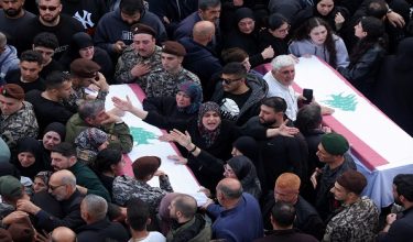 Mourners attend a reception ceremony for the bodies of members of Lebanese state security forces killed in Israeli strikes on Nabatieh on Friday, in Sidon, Lebanon, April 11, 2026. REUTERS/Aziz Taher