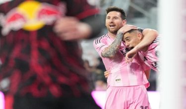 Apr 11, 2026; Miami, Florida, USA;  Inter Miami CF forward German Berterame (19) celebrates his goal against Red Bull New York with forward Lionel Messi (10) during the second half at Miami Freedom Park. Mandatory Credit: Jim Rassol-Imagn Images