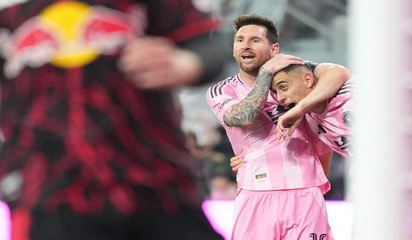 Apr 11, 2026; Miami, Florida, USA;  Inter Miami CF forward German Berterame (19) celebrates his goal against Red Bull New York with forward Lionel Messi (10) during the second half at Miami Freedom Park. Mandatory Credit: Jim Rassol-Imagn Images