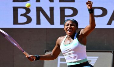 USA's Coco Gauff celebrates after winning against USA's Iva Jovic during the WTA Rome Open tennis tournament at Foro Italico in Rome on May 11, 2026. (Photo by Alberto PIZZOLI / AFP)