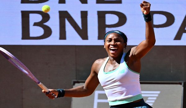 USA's Coco Gauff celebrates after winning against USA's Iva Jovic during the WTA Rome Open tennis tournament at Foro Italico in Rome on May 11, 2026. (Photo by Alberto PIZZOLI / AFP)
