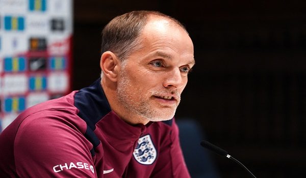 Pengurus England, Thomas Tuchel menghadiri sidang media di pusat latihan Tottenham Hotspur di Enfield, utara London menjelang perlawanan kelayakan akhir Piala Dunia menentang Serbia dan Albania/ AFP