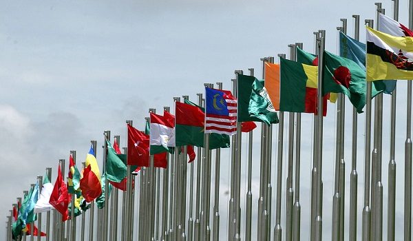 The 57 Islamic nations flags are displayed in front of Putrajaya Convention Centre, 10 October 2003, ahead of Islamic Summit conference which will be held from 16-18 October. Terrorism and the new turbulence in global politics are expected to dominate debate when leaders of 57 Islamic nations meet here next week for their first summit since the attacks on the United States.  AFP PHOTO   ROSLAN RAHMAN (Photo by ROSLAN RAHMAN / AFP)
