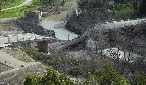 The damaged Zrarieh Bridge over the Litani river, after it was hit by an Israeli strike in Tayr Falsay in southern Lebanon, following an escalation between Hezbollah and Israel amid the U.S.-Israeli conflict with Iran, Lebanon, March 13, 2026. REUTERS/ Stringer
