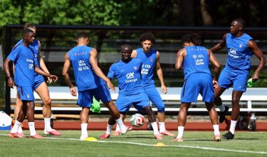 Soccer Football - FIFA World Cup 2026 - France Training - Bentley University, Waltham, Massachusetts, U.S. - June 12, 2026  France's Ngolo Kante, Ousmane Dembele and Ibrahima Konate during training REUTERS/Peter Cziborra
