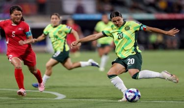 Australia's Samantha Kerr scores a goal during the AFC Women's Asian Cup Australia 2026 football match between Australia and North Korea in Perth on March 13, 2026. (Photo by COLIN MURTY / AFP) / --IMAGE RESTRICTED TO EDITORIAL USE - STRICTLY NO COMMERCIAL USE--