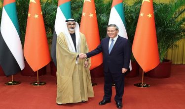 China's Premier Li Qiang shakes hands with Sheikh Khaled bin Mohamed bin Zayed Al Nahyan, Crown Prince of Abu Dhabi, United Arab Emirates, at the Great Hall of the People in Beijing, China April 13, 2026. cnsphoto via REUTERS ATTENTION EDITORS - THIS IMAGE WAS PROVIDED BY A THIRD PARTY. CHINA OUT. NO COMMERCIAL OR EDITORIAL SALES IN CHINA. REFILE - CORRECTING DATE FROM "APRIL 14" TO "APRIL 13".