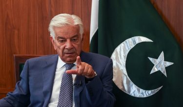 Pakistan's Defence Minister Khawaja Muhammad Asif gestures during an interview with Reuters in Islamabad, Pakistan, May 8, 2025. REUTERS/Fayaz Aziz