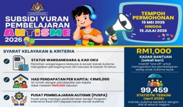 Permohonan Subsidi Yuran Pembelajaran Autisme 2026 dibuka bermula 15 Mei hingga 15 Julai 2026.  - JKM