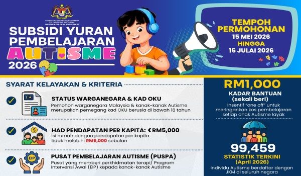 Permohonan Subsidi Yuran Pembelajaran Autisme 2026 dibuka bermula 15 Mei hingga 15 Julai 2026.  - JKM