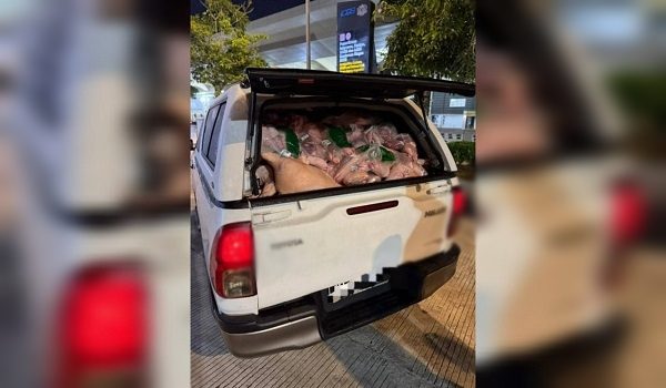 AKPS merampas daging babi jenis karkas tanpa dokumen import yang sah hasil pemeriksaan ke atas sebuah kenderaan kargo di Kompleks ICQS. /Foto RTM