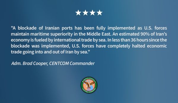 Laksamana Brad Cooper, Komander CENTCOM, dalam kenyataan mengenai sekatan perdagangan maritim terhadap Iran/Facebook U.S. Central Command﻿