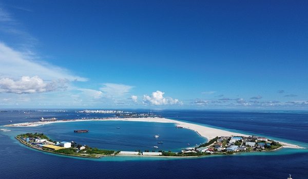 This aerial picture taken on November 15, 2023, shows the recalimed Gulhi Fahlu Island in the Maldives. (Photo by Shubham KOUL / AFP)