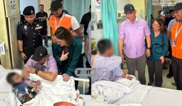 Datuk James Ratib merangkap Menteri Pembangunan Masyarakat dan Kesejahteraan Rakyat melawat dua kanak-kanak mangsa dera pasangan suami isteri di Hospital Keningau baru-baru ini/Foto Jabatan Kebajikan Keningau