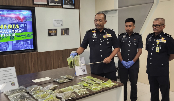 Datuk Muhammad Abdul Halim menunjukkan dadah-dadah yang dirampas pada sidang media hari ini